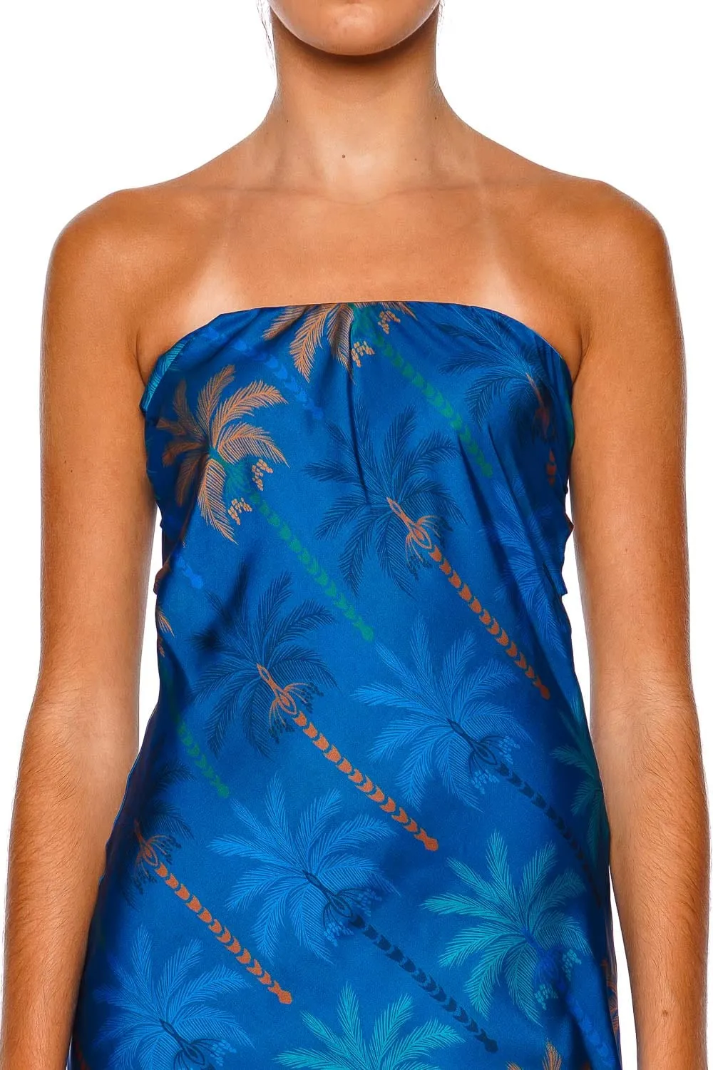 Thara Cobalt Palms Strapless Midi Dresa