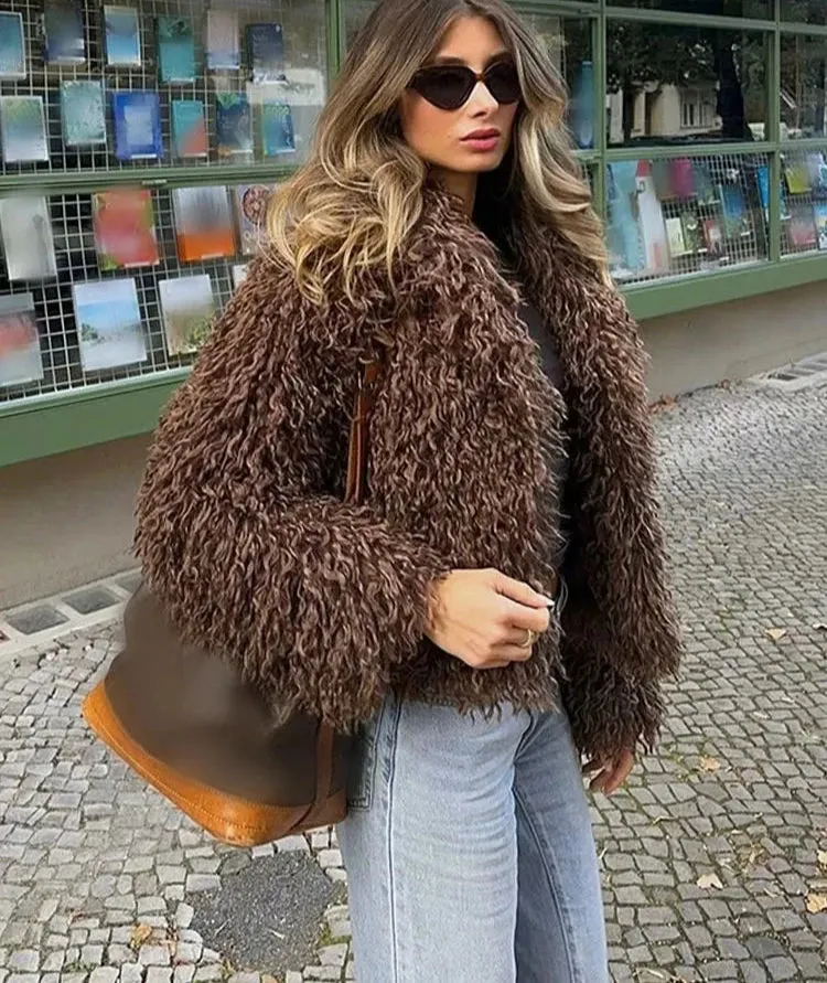 Turn Down Collar Faux Fur Coat