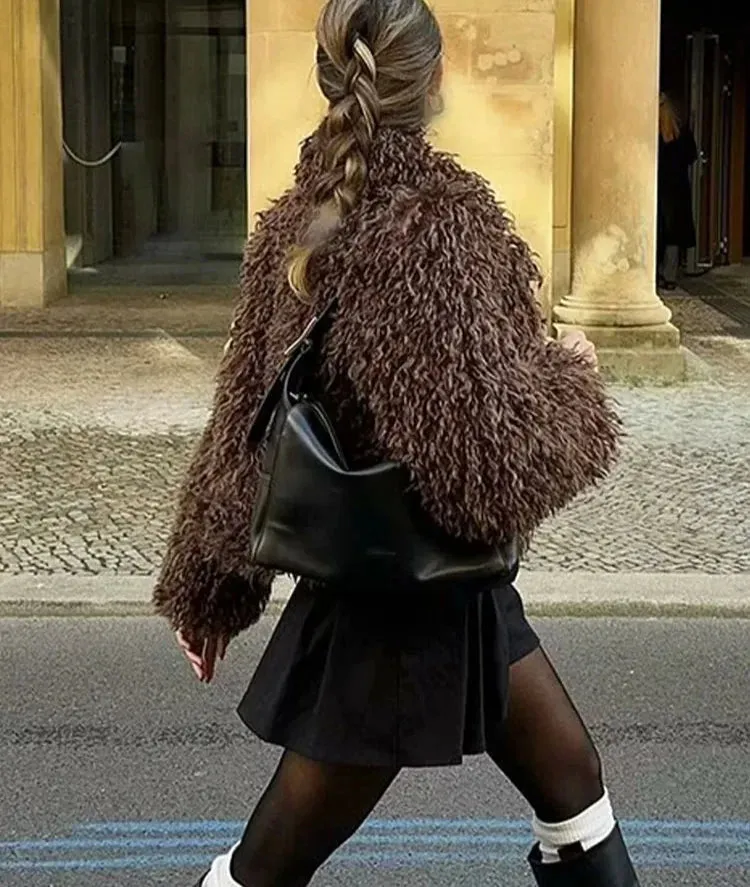 Turn Down Collar Faux Fur Coat