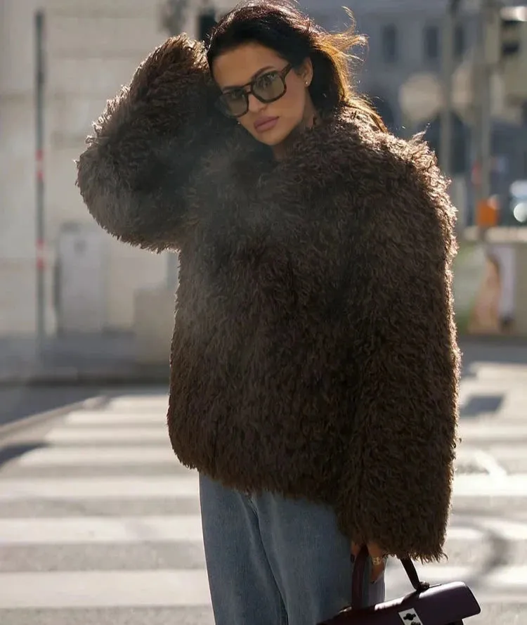Turn Down Collar Faux Fur Coat