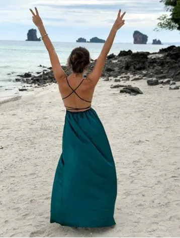 Women's Summer Satin Sleeveless Cross-Back Maxi Dress