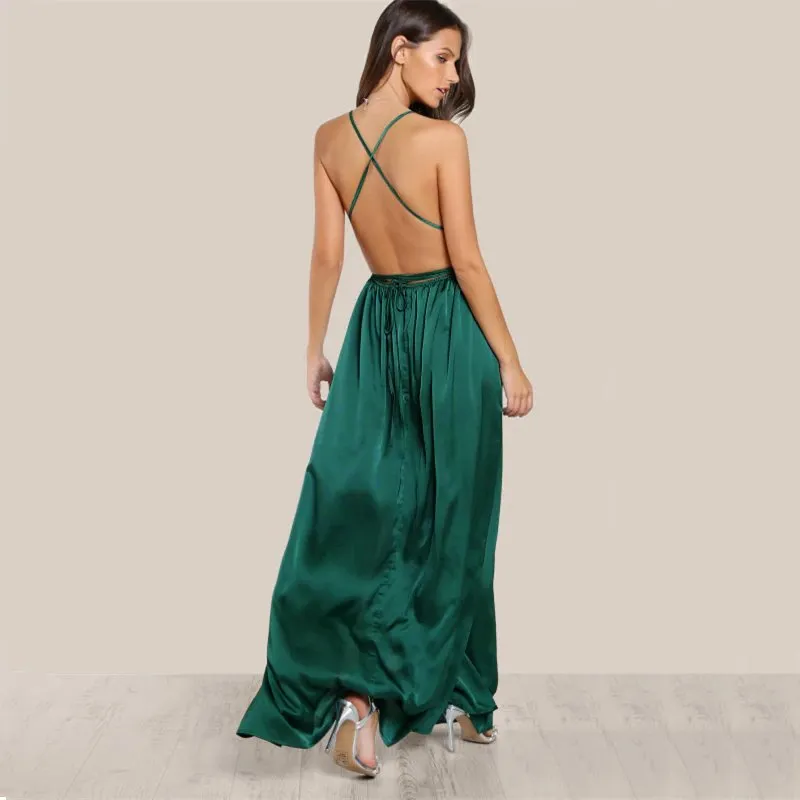 Women's Summer Satin Sleeveless Cross-Back Maxi Dress