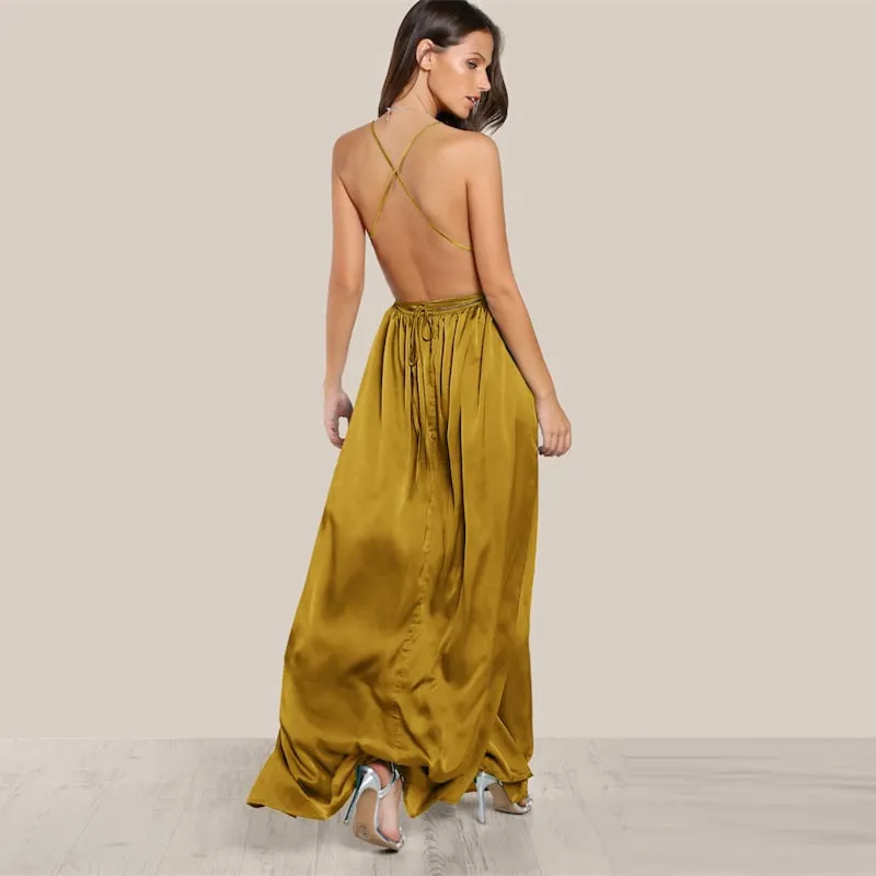 Women's Summer Satin Sleeveless Cross-Back Maxi Dress