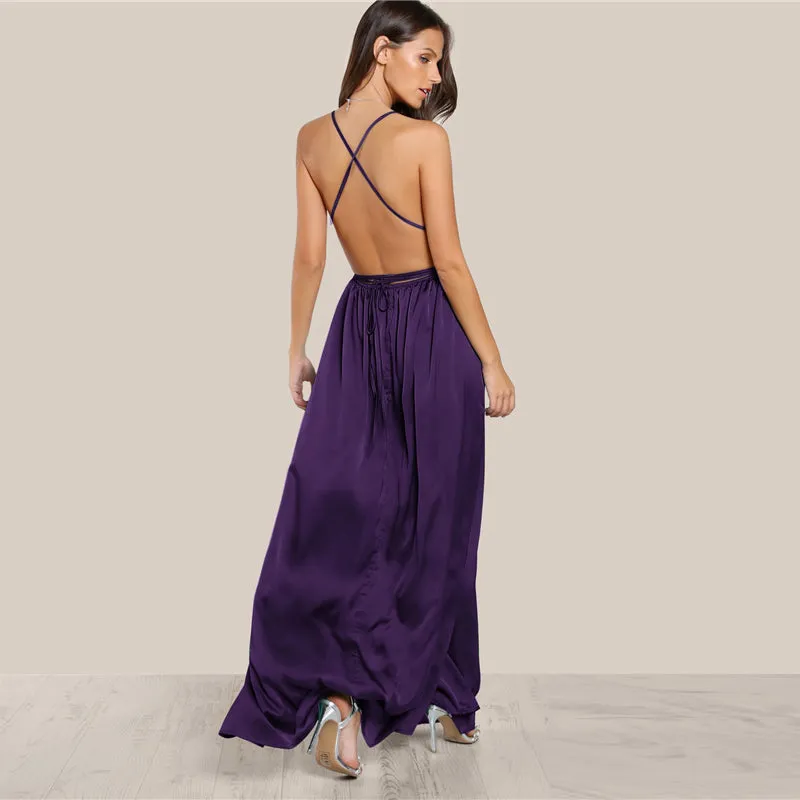 Women's Summer Satin Sleeveless Cross-Back Maxi Dress