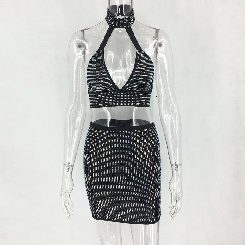 Women's Summer Sheath Two-Piece Dress With Crystals
